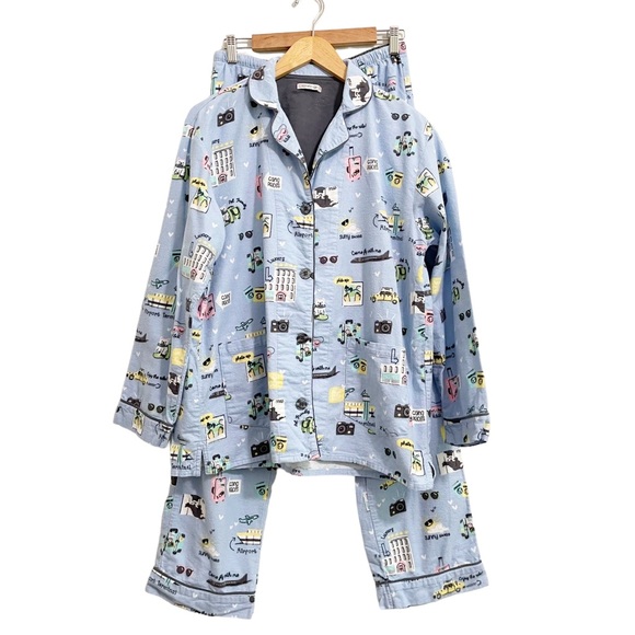 PJ Salvage Other - PJ Salvage Wanderlust Travel Theme Blue Flannel Pajama Set Size Small